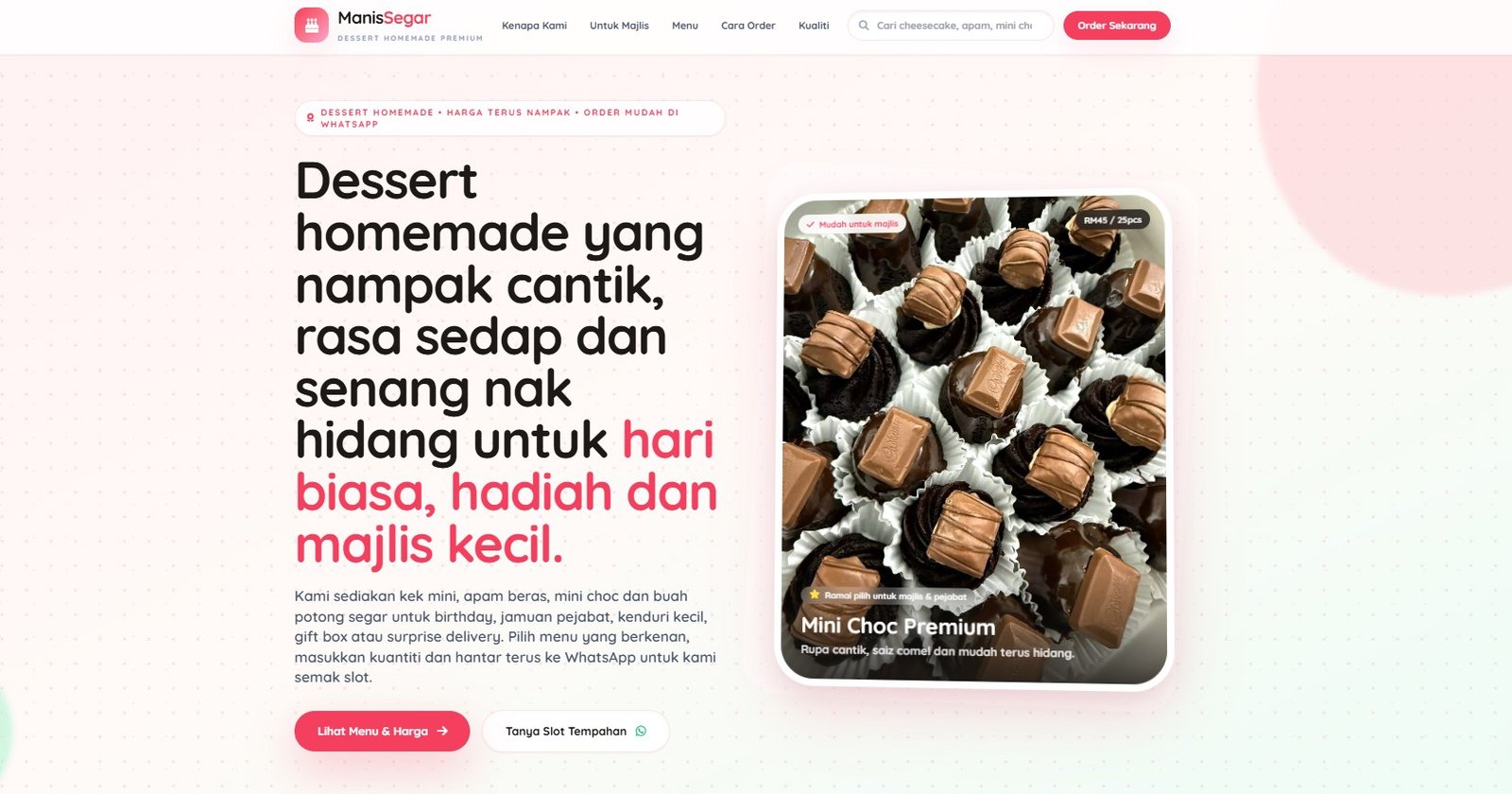Contoh landing page produk kek buah dan manisan untuk bisnes makanan