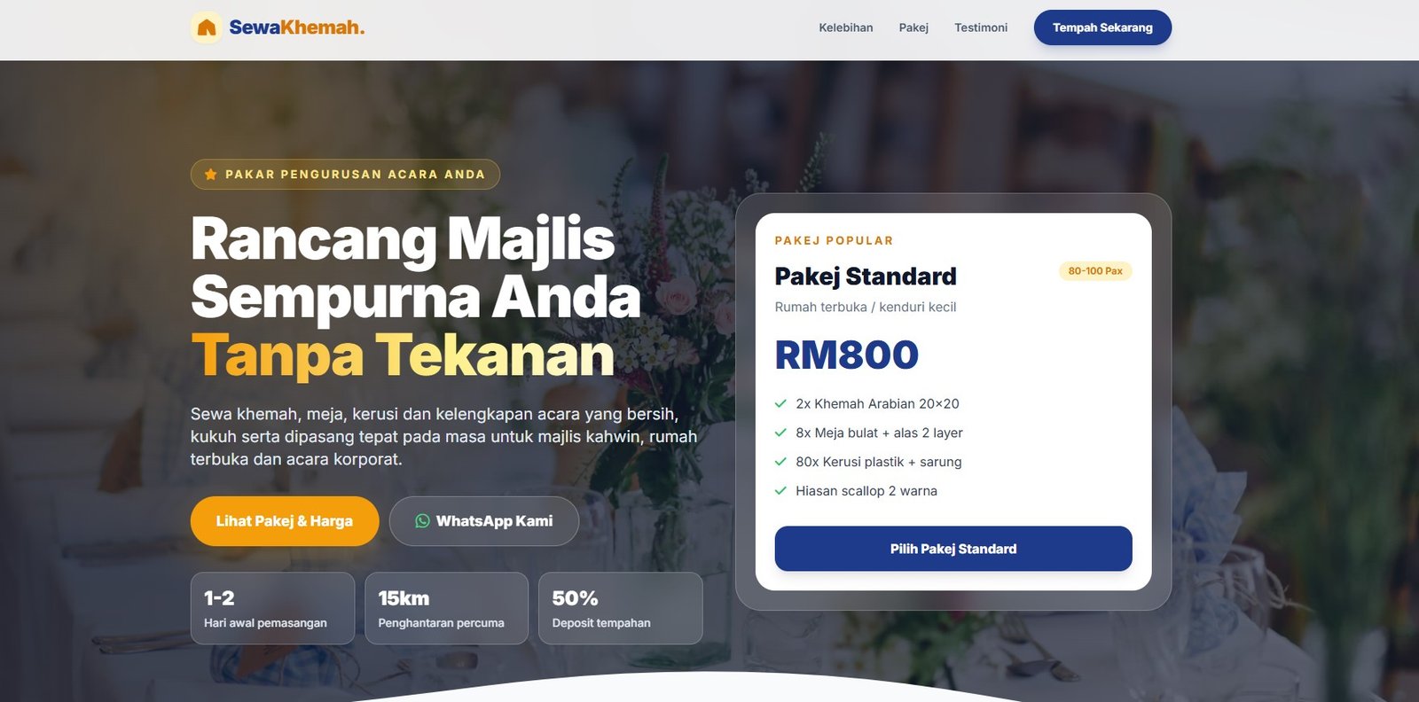 Contoh landing page sewa khemah dengan pakej dan WhatsApp